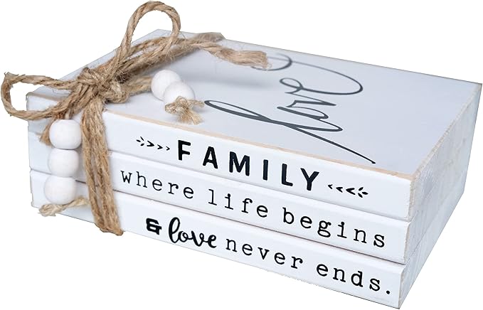 LIVDUCOT Wooden Decorative Books Stack for Coffee Table Faux Book Stack for Decoration Love Family Where Life Begins Modern Farmhouse Decor White Book Decor for Shelf 7X 5.5X 2.5'