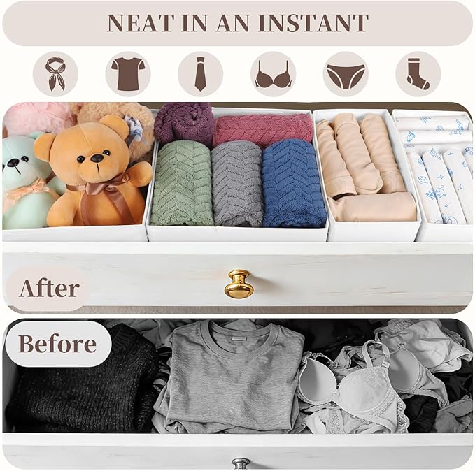 Drawer Organizer Clothes, 16 Pack Dresser Organizer Bins, Foldable Closet Organizers and Storage Fabric Dresser Bins, Shallow Drawer Dividers for Clothing, Underwears, Socks, Tie