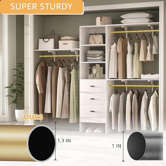 1.3 Inch Diameter Closet Rods for Hanging Clothes 17-64 Inch Adjustable, Metal Heavy Duty Closet Pole, Gold Closet Bar for Hanging Clothes, Suitable for Closet, Wardrobes, Bathroom, Windows
