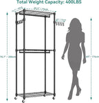 Heavy Duty Rolling Garment Rack, 3 Tiers Wire Shelves Adjustable Freestanding Portable Rolling Clothing Rack with Lockable Wheels, 29.5''L x 15.8''W x 78.8''H, Max Load 400 LBS