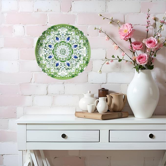 HABEN ARTWORK 10" Ceramic Plates for Display Green Floral Mandala White Blue Flowers Botanical Style Decorative Plate with Stand and Hook for Kitchen Dining Room Wall Hanging Decor