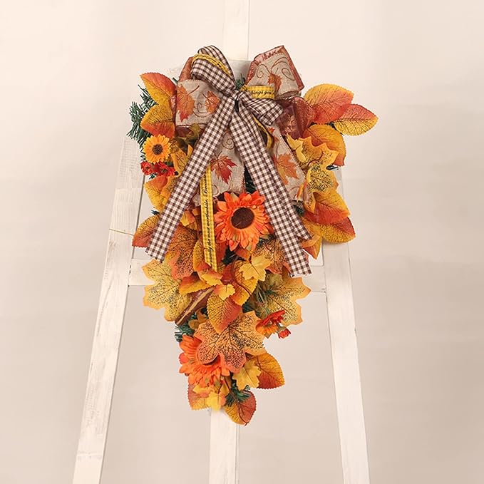 Ochine Artificial Fall Teardrop Swag - Fall Harvest, Autumn, Thanksgiving to Christmas Door Decoration