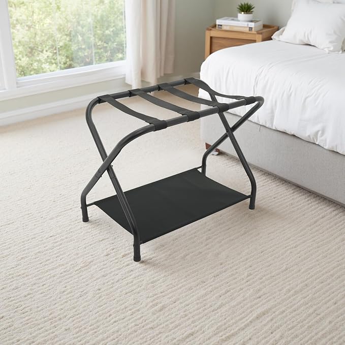 2 Pack Luggage Rack with Storage Shelf, Steel Folding Suitcase Stand, Portable Luggage Stand for Indoor Bedroom, Living Room and Outdoor Camping, 27.5 x 14.2 x 20.7 Inches