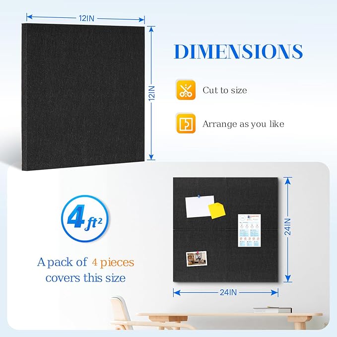DOLLAR BOSS Felt Cork Board Tiles, 4 Packs 12" x 12" 1/2" Thick Cork Bulletin Board Self Adhesive Acoustic Panels Soundproof Corkboards for Walls with 40 Pushpins for Home Office Kitchen School, Black