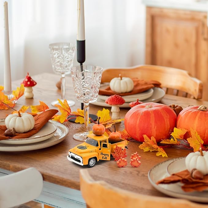 Thanksgiving Truck Decor, Fall Orange Maple Leaf Pumpkin Metal Truck Decorations for Home Indoor, Mini Cute Pumpkin Tiered Tray Decor, Farmhouse Kitchen Tabletop Centerpiece Decorations