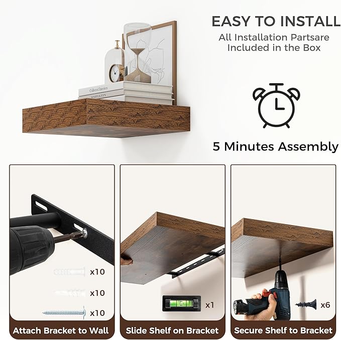 Venusmiles Square Floating Shelves for Wall, 12" W x 12" D x 2" H, 2 Pack of Small Wall Mounted Engineered Wood Shelves with Invisible Brackets for Living Room, Bedroom, Bathroom, Kitchen Decor, Brown