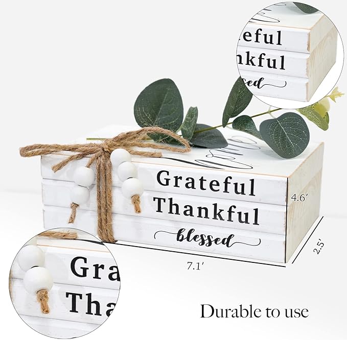 3 Pieces Wooden Decorative White Books, Rustic Farmhouse Faux Books for Coffee Table Shelves with Wood Bead Tassels and Leaves, 7'x 4.6'x 2.5' (Grateful, Thankful, Blessed)