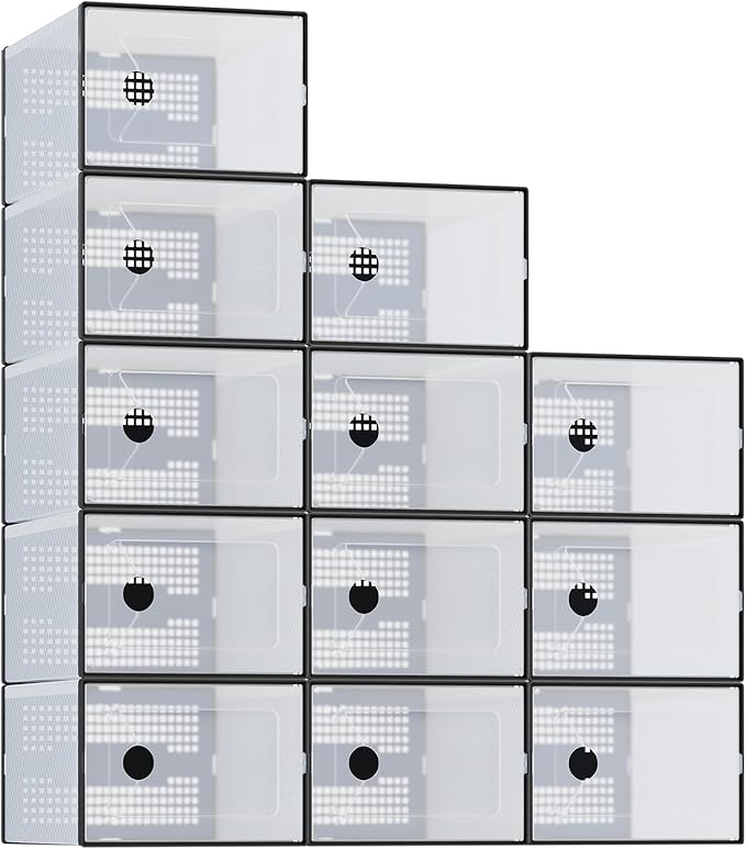 NEWBULIG 12 Pack Clear Shoe Storage Boxes, Shoe Organizer for Closet with Lid, Plastic Stackable Breathable Shoe Cabinet with Lid for Sneakers, Heels & Boots, Black