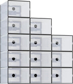 NEWBULIG 12 Pack Clear Shoe Storage Boxes, Shoe Organizer for Closet with Lid, Plastic Stackable Breathable Shoe Cabinet with Lid for Sneakers, Heels & Boots, Black