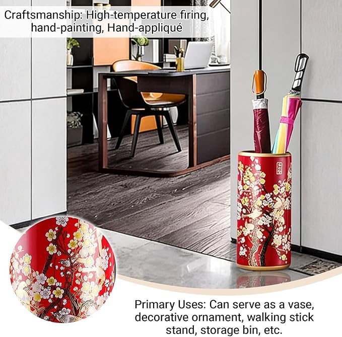 Ceramic Entryway Umbrella Stand,Handmade Appliques Chinese Umbrella Stand Barrels,Vintage Floor Standing Cane Holder Placed & Flower Vases for Hotel Office Home Entrance,B,17.3in