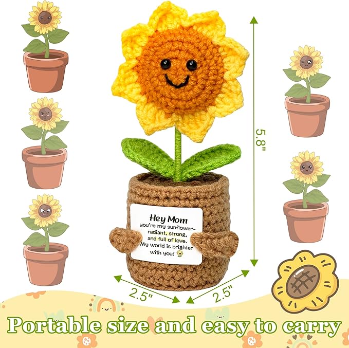 Gifts for Mom Mothers Day Birthday Gifts- Positive Crochet Sunflower, Funny Cute Small Sunflower Gift for Mom Bonus Mother in Law from Daughter Son Positive Emotional Support Pickle Gift