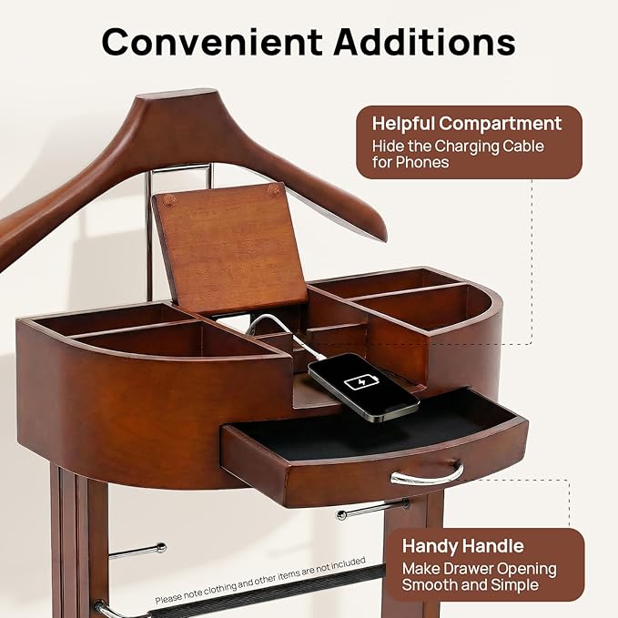Clothes Valet Stand Holder for Men Suit Coat Rack Hanger Stand, Clothes Butler Valet Stand for Men, Wood Clothing Stands with Top Tray & Storage Organizer, Clothing Trousers Bar Rack