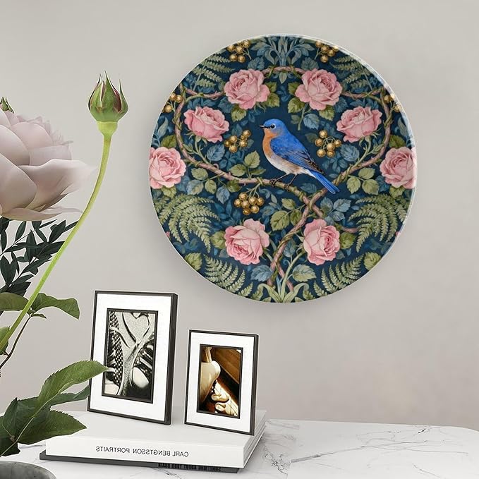 William Morris Forest Rose And Blue Birds Decorative Plate of 6", 7", 8", 10", Custom Christmas Ceramic Display Plate, Custom Gifts, Art Decoration Farmhouse Decorations Club, with Display Stand