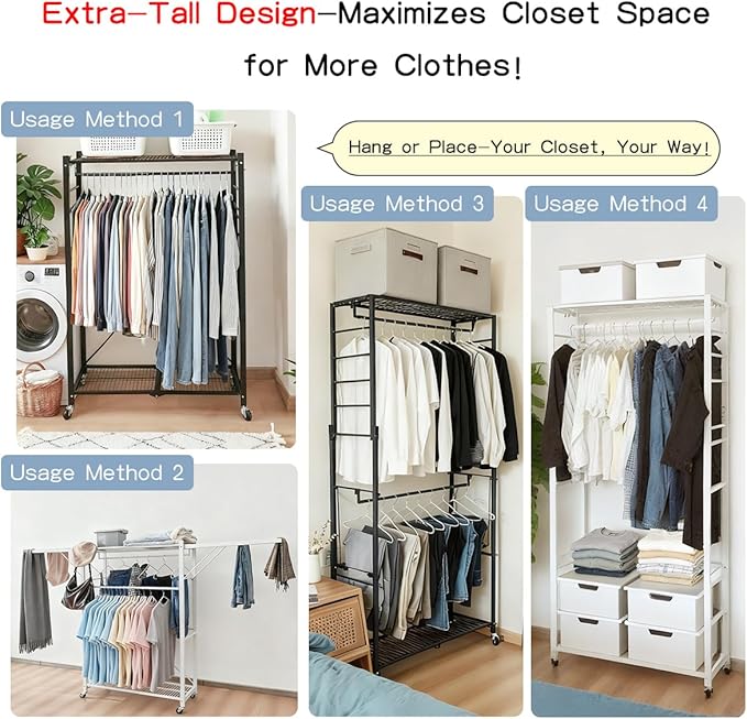 lumizone Folding Clothing Rack with Wheels Expandable Wardrobe Portable Clothes Rack for Hanging Clothes Adjustable Closet Shelves Garment Rack Durable Closet Racks for Hanging Clothes (Pro Black)