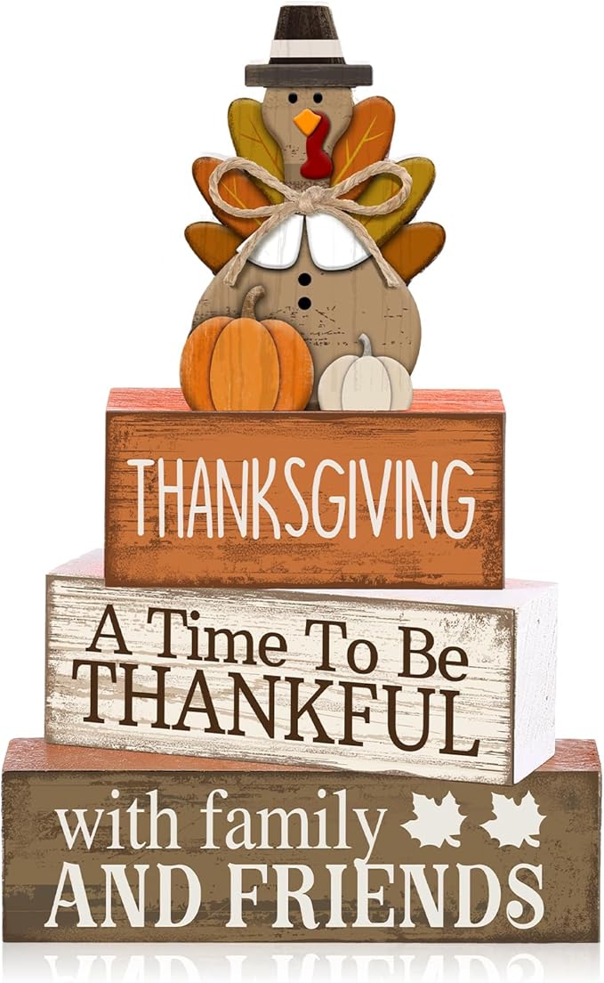 Lineshading 4 Pcs Fall Decoration for Home Wooden Turkey Decor "A Time to Be Thankful" Table Sign with Turkey & Pumpkin Topper, Thanksgiving Centerpiece Rustic Fall Tiered Tray Decor for Home Kitchen