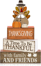 Lineshading 4 Pcs Fall Decoration for Home Wooden Turkey Decor "A Time to Be Thankful" Table Sign with Turkey & Pumpkin Topper, Thanksgiving Centerpiece Rustic Fall Tiered Tray Decor for Home Kitchen