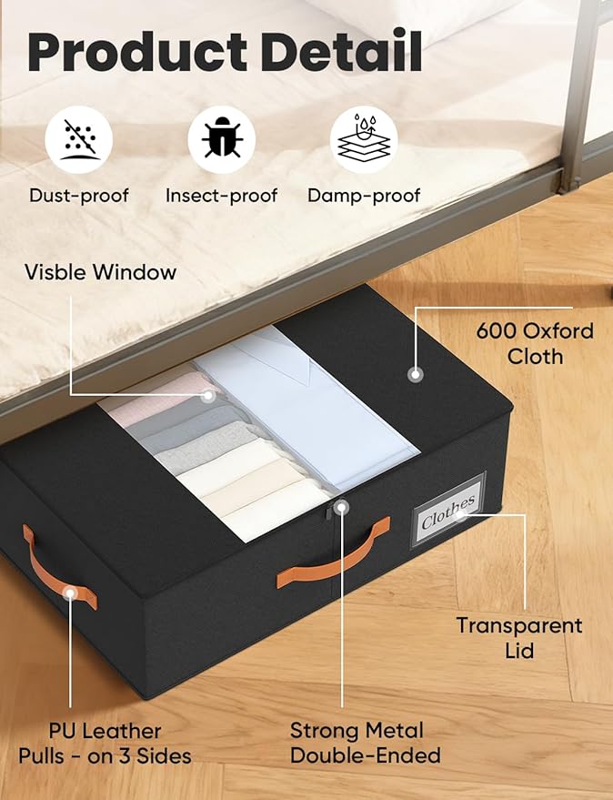 TOSKING 2-Pack Under Bed Storage Bins with Wheels and 4 Vacuum Seal Bags, Heavy Duty 80lbs Capacity,7.9"Height Clear Lid Organizer for Dorm Bedroom Clothes Shoes Toys, Quick Assembly Space Saver Black