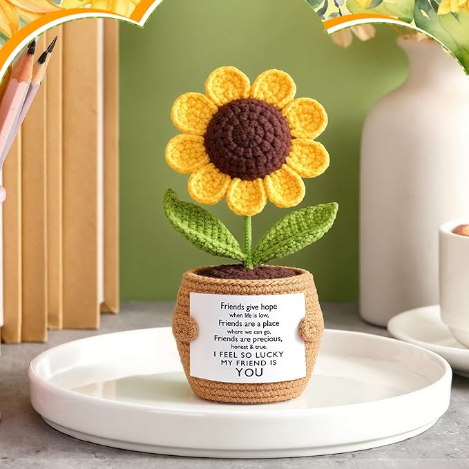 Wavwavw 1 Pcs Friends Gifts for Women, Galentines Graduation Handmade Sunflower Crochet Doll with Positive Card for Female Birthday BFF Bestie Gifts (My Friends)