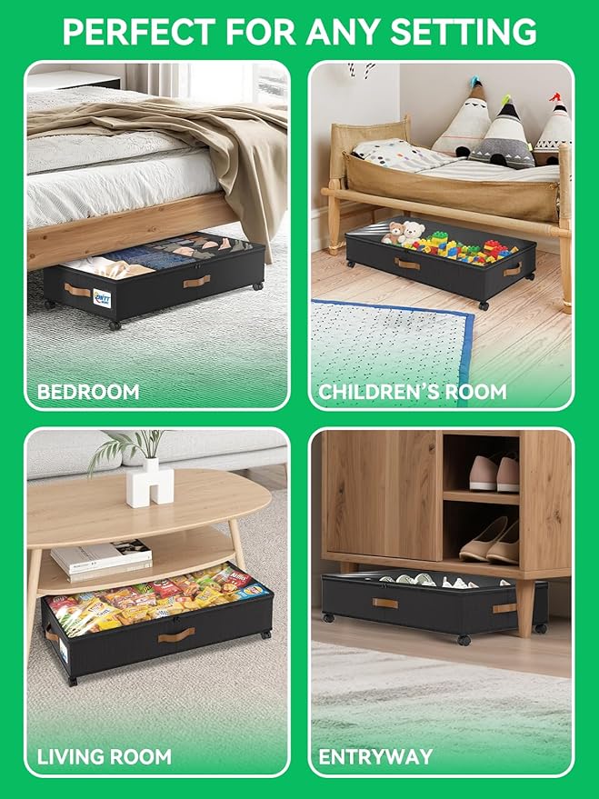 Under Bed Storage with Wheels, 2-Pack 58L Under the Bed Storage Containers with Lids, 1-Pack 15L Box, Organizer Bins Rolling Underbed Storage for Clothes, Underwear, Socks, Shoes - Delicate Style