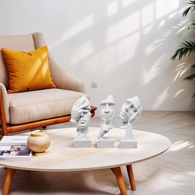 aboxoo Large Size 3 Pcs Thinker Statue, Silence is Gold, See No Evil Hear No Evil Speak No Evil Statues, Modern Resin Sculptures Decor for Living Room Home, Office, Study (White)