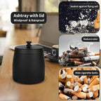 Outdoor Ashtrays for Patio with Lid, Outdoor Ash Tray Sets for Cigarettes, Stainless Steel Windproof Ashtrays Large Covered Outside Odorless Iron Metal Indoor Tabletop, Black, Medium
