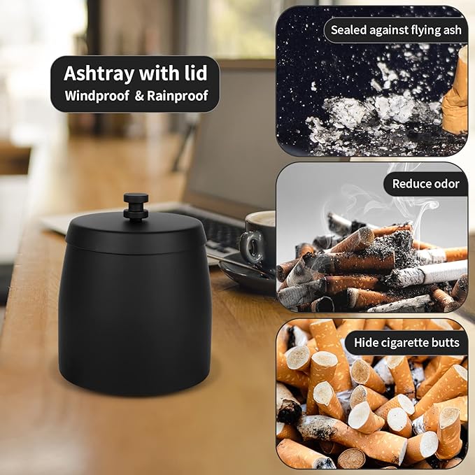 Outdoor Ashtrays for Patio with Lid, Outdoor Ash Tray Sets for Cigarettes, Stainless Steel Windproof Ashtrays Large Covered Outside Odorless Iron Metal Indoor Tabletop, Black, Medium