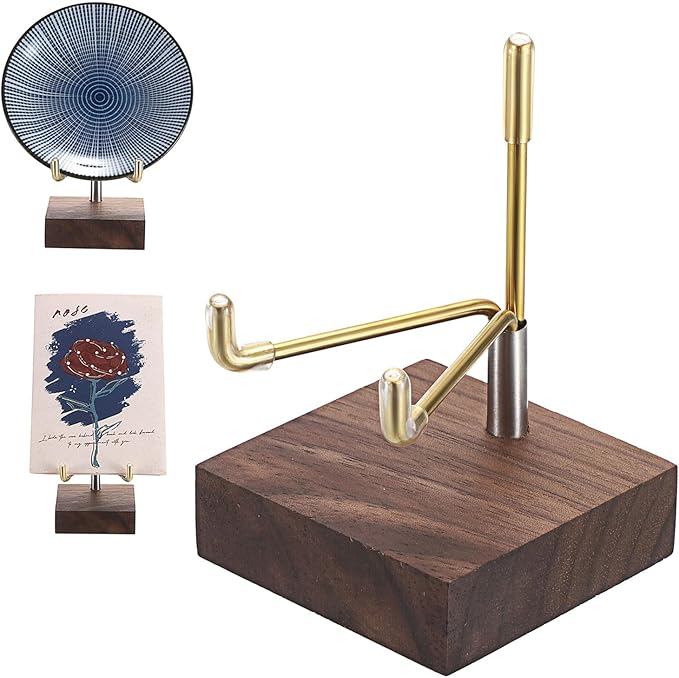 Hipiwe 2Pcs Small Display Stand Adjustable Metal Arms and Wooden Base - Decorative Plates Display Stand Easel Holder for Crystal Fossil Slice Coral Geodes Rock Mineral Agate, 2"x2"x3.2"