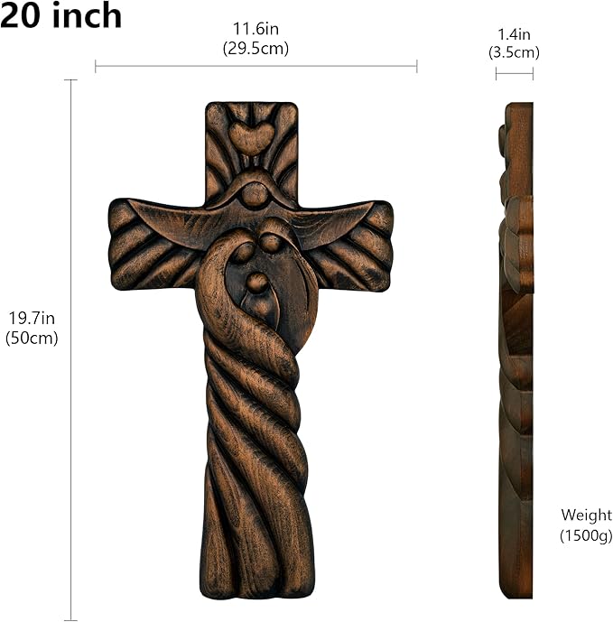 BGCOPPER Holy Family Wall Cross, Handmade Wooden Cross Wall Crucifix, Jesus Cross Wall Decor Art for Home Room Decor Christmas Gifts - 20 Inch
