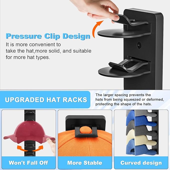 Eiito Hat Organizer for Baseball Caps, 1 Pack Strong Adhesive Hat Rack for Wall, Multilayer Hat Storage Display Holder, Wall Mounted Hat Hooks Hold up to 8 Hats for Closet (Black 1PCS)