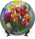 Stained Glass Theme Decorative Ceramic Plate Round Porcelain Plate,7 inch,Tulip Pattern,for Decorative Ornaments Giving Plates, 1 Plate with 1 Display Stand,Multicolor