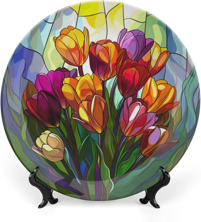 Stained Glass Theme Decorative Ceramic Plate Round Porcelain Plate,7 inch,Tulip Pattern,for Decorative Ornaments Giving Plates, 1 Plate with 1 Display Stand,Multicolor