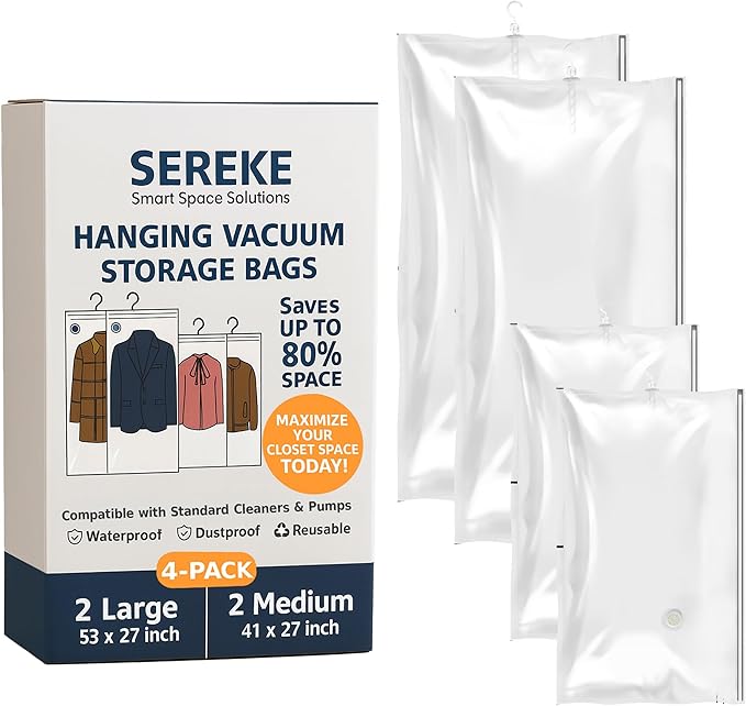 Hanging Vacuum Storage Bags for Clothes, Vacuum Seal Bags for Clothes with 5 Rings Each, Waterproof Compression Bags for Coats, Suits & Jackets, Space Saver Organizer, 4 Pack (41 x 27 in & 53 x 27 in)