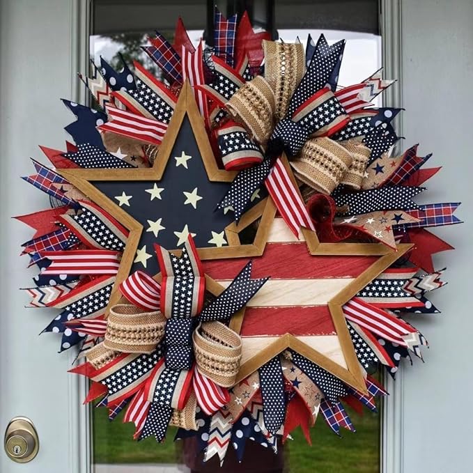 250th Anniversary Patriotic Wreath for Front Door, 20 Inch Red White Blue Wreath 4th of July Wreaths Memorial Day Decor Independence Day Decoration for Home Farmhouse Holiday (Star)