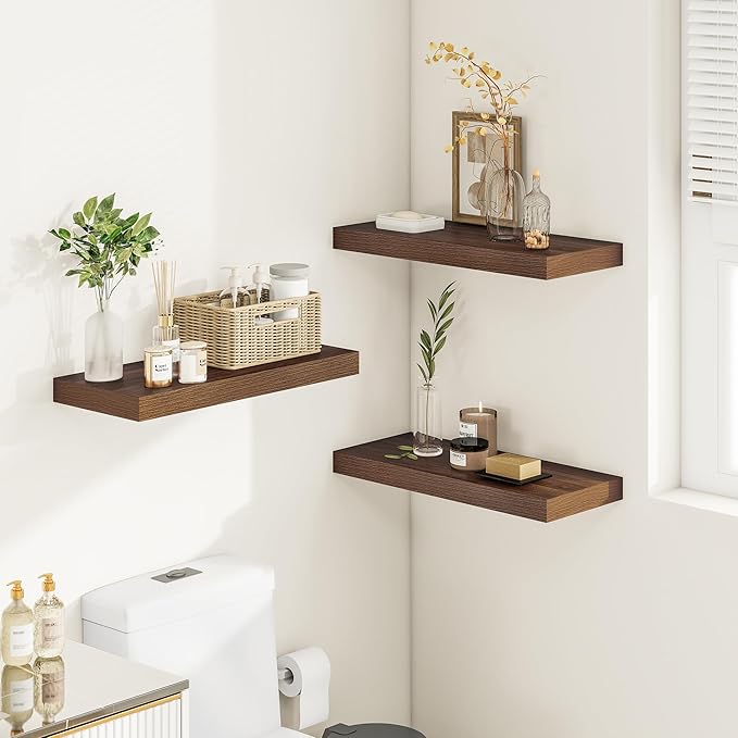 Vivelove Wide Floating Shelves for Wall 12 Inch Deep, 16" X 12" X 2" Floating Shelf, 2 Inch Thick Shelf for Living Room Bathroom Bedroom Kitchen Book Room, Rustic Farmhouse Decor Set of 2, Walnut