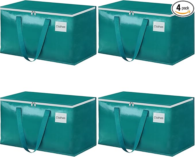 StorageRight Moving Bags-Heavy Duty Moving Boxes, Storage Totes with Zipper, Reinforced Handles and Tag Pocket-Collapsible Moving Supplies for moving, Storage and Travel 93L(Green-4 Pack)