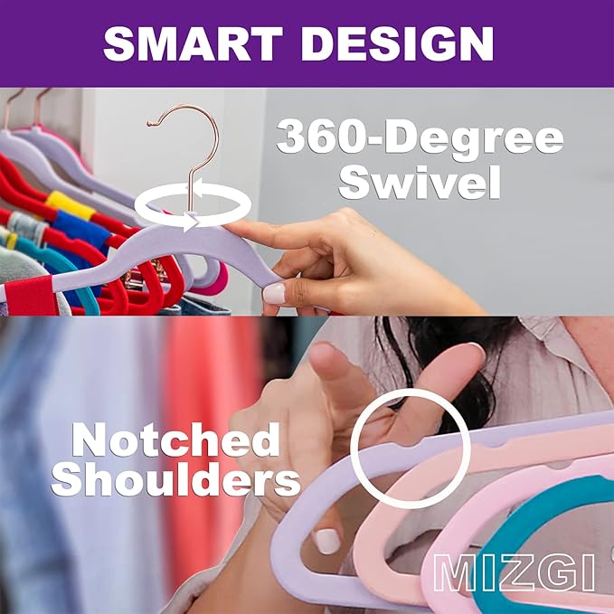 MIZGI Premium Velvet Hangers (50 Pack) Heavy Duty - Non Slip Felt Hangers - Velvet Suit Hanger Mediterranean Blue - Rose Gold Hooks,Space Saving Clothes Hanger
