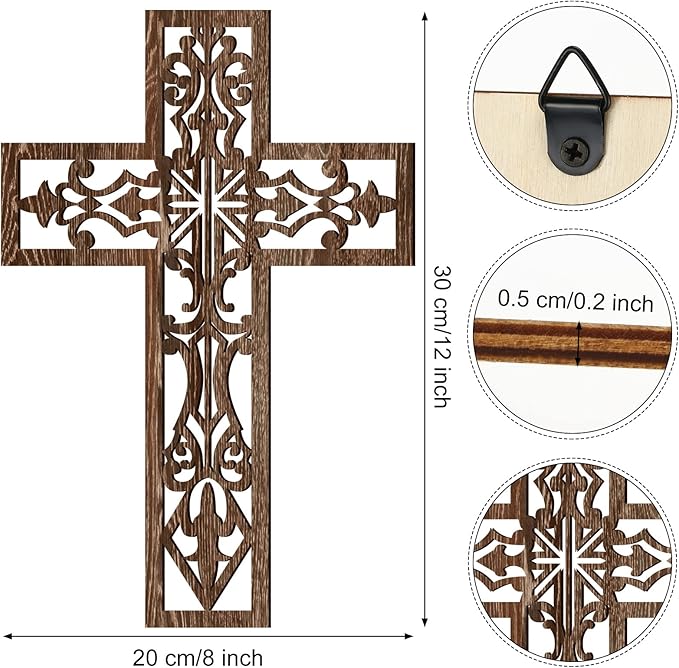 Yookeer 3 Pcs Wooden Cross Wall Decor Cross Hanging Handmade Antique Religious Brown Wooden Home Decorations Hand Carved Wall Decor for Church Home Office Baptism Gift for Christian