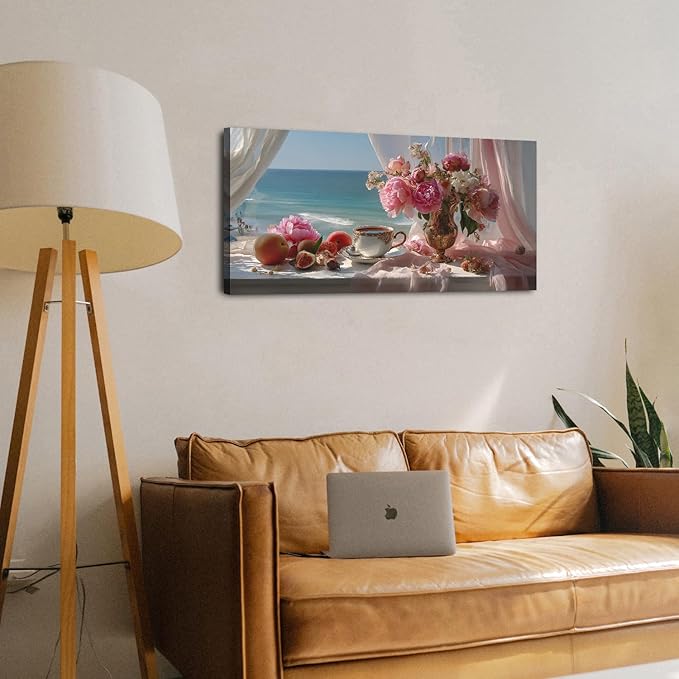 Vintage Pink Flower Wall Art Retro Flowers in Golden Vase Pictures Blue Ocean Coastal Landscape Canvas Prints Blossom Painting Poster Floral Artwork for Living Room Bathroom Home Decoration 20x40"