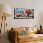 Vintage Pink Flower Wall Art Retro Flowers in Golden Vase Pictures Blue Ocean Coastal Landscape Canvas Prints Blossom Painting Poster Floral Artwork for Living Room Bathroom Home Decoration 20x40"