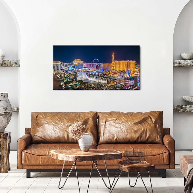 Las Vegas Skyline Wall Art American Cityscape Wall Decor City Night View Canvas Prints Picture Bellagio Fountain Skyscraper Painting Modern Artwork for Bedroom Living Room Home Decoration 20x40”