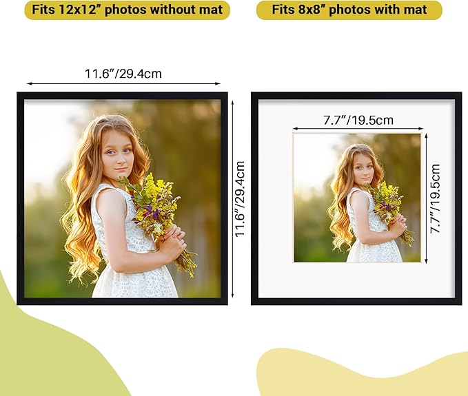 Rempry 12x12 Picture Frame, Display Pictures 8x8 with Mat or 12x12 Without Mat, Wall Hanging or Tabletop Photo Frame with Shatter Resistant Plexiglass, Black, 1 Pack