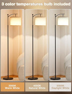 Ambimall Tall Floor Lamps with 3 Color Temperatures Bulb & Adjustable Linen Shade, for Living Room, Bedroom, Office, Classroom, Dorm Room (9W Bulb Included), Beige & Black, 60"
