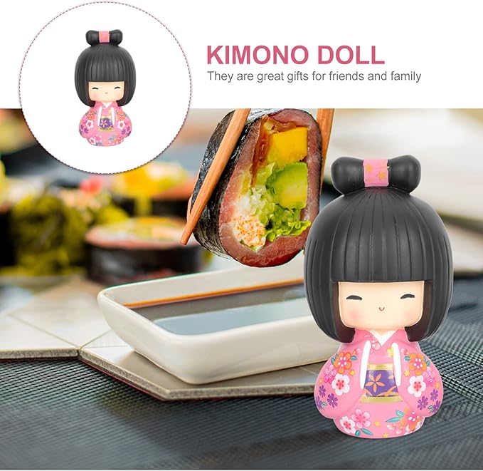 Japanese Kokeshi Doll Girl in Kimono Collectible Figurines Traditional Crafts Oriental Geisha Statue for Office Bar Home Party Table Decoration Pink