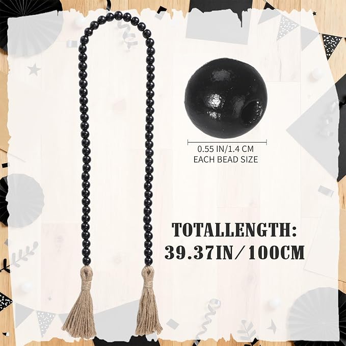 Equsion Seasonal Wooden Bead Garland with Tassels, 3.3 ft Holiday Vintage Boho Bead Garland Easter Tray Decoration, Vase Wall Room Art Birthday Party Decoration(Black)