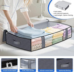 Under Bed Storage Containers, 8 Pack Blanket Storage Bags, Collapsible Storage Bags with Big Zippers, Clear Front, Shoe Storage and Organization for Clothes, Comforter, 75L, Grey