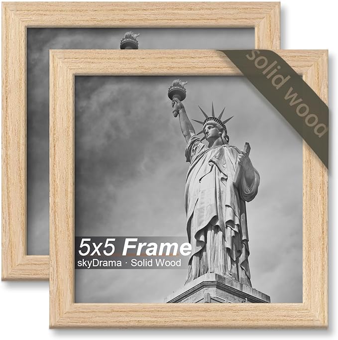 Natural Solid Wood 5x5 Picture Frame, Display 5 x 5 Inch Picture Poster Photo, Vertical & Horizontal Wall Hanging - 2 Pack/Natural/5"x5"