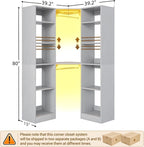 Corner Closet System with 2 Motion Sensor Lights, 39.2" Corner Closet Organizer with 12 Shelves, Closet Corner with 2 Hanging Rods, Versatile 6-Tier Walk-in Closets for Corner Space, Grey