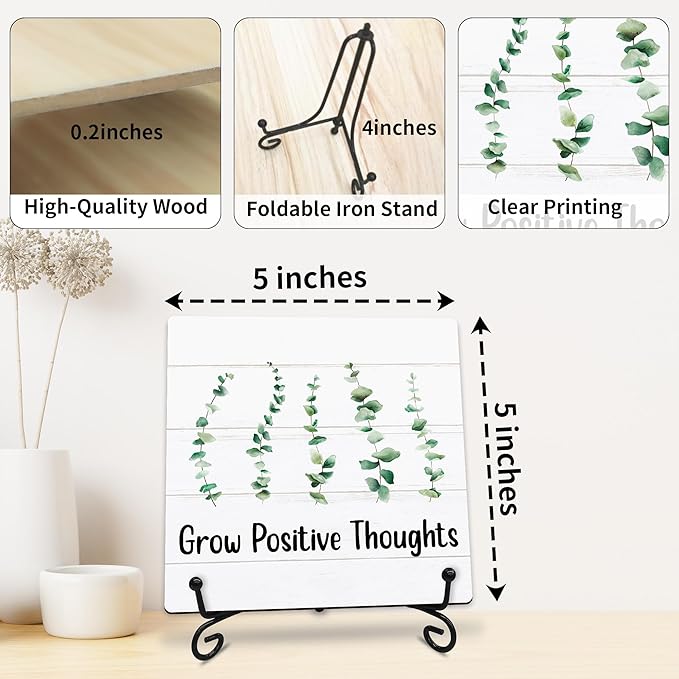 Grow Positive Thoughts Wooden Sign - 5" Inspirational Quotes Wooden Plaque With Metal Support - Greenery Rustic Tabletop Home, Office, Classroom Decor - Housewarming Gifts For Family & Friends - A03