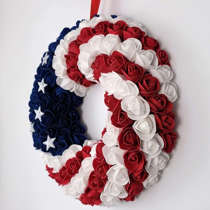 idyllic July 4th Patriotic Americana Wreath Boxwood Handcrafted Memorial Day Wreath Festival Garland Decoration Front Door Wall Home Decor (Blue)