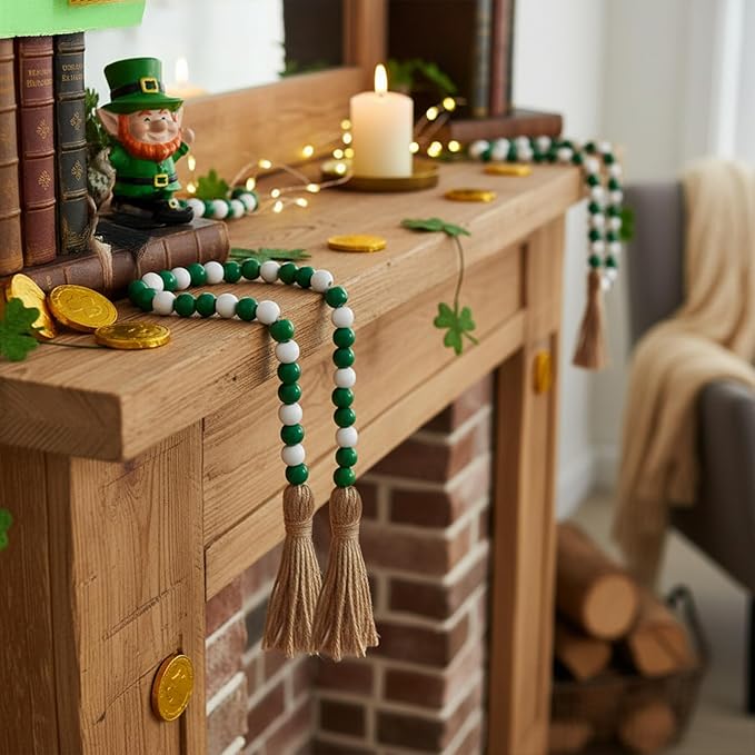 Equsion Seasonal Wooden Bead Garland with Tassels, 3.3 ft Holiday Vintage Boho Bead Garland Easter Tray Decoration, Vase Wall Room Art Birthday Party Decoration(Gradient Green)